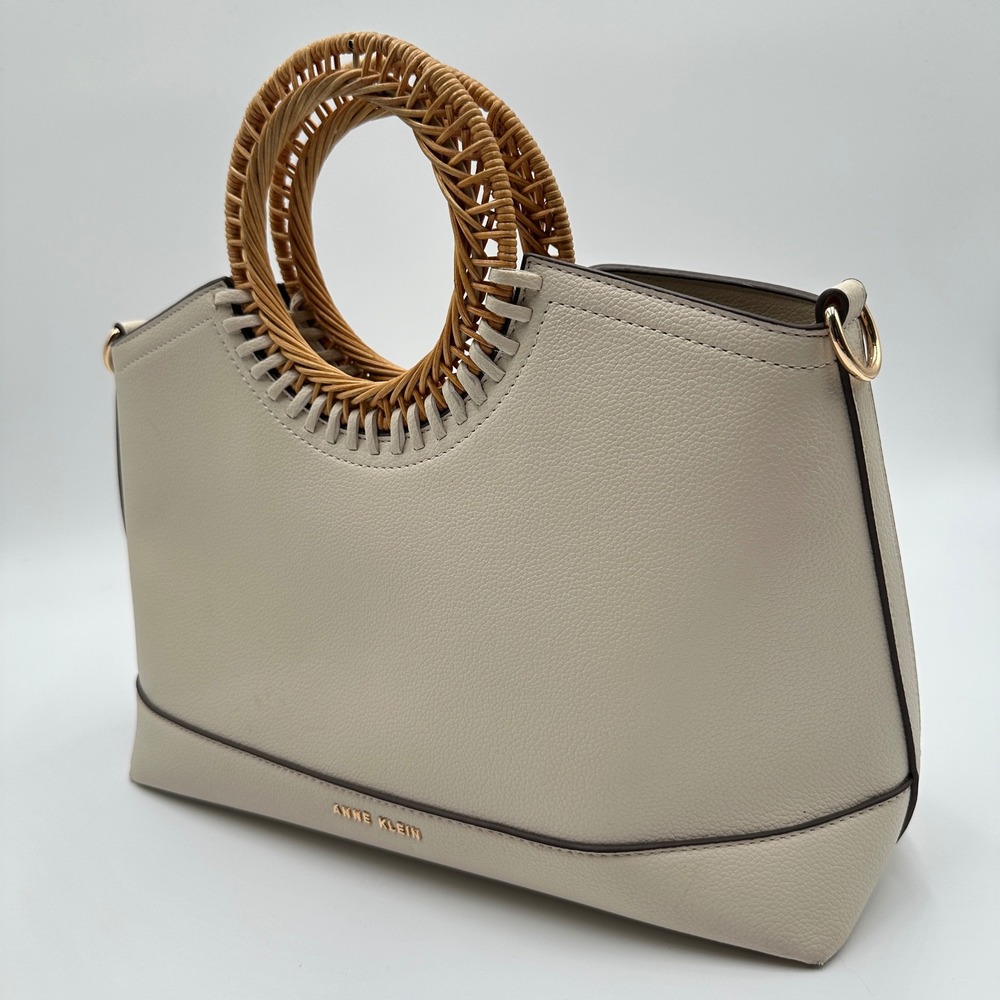 Anne Klein Beige Rattan Handle Satchel Vegan Leather Crossbody Resort Boho